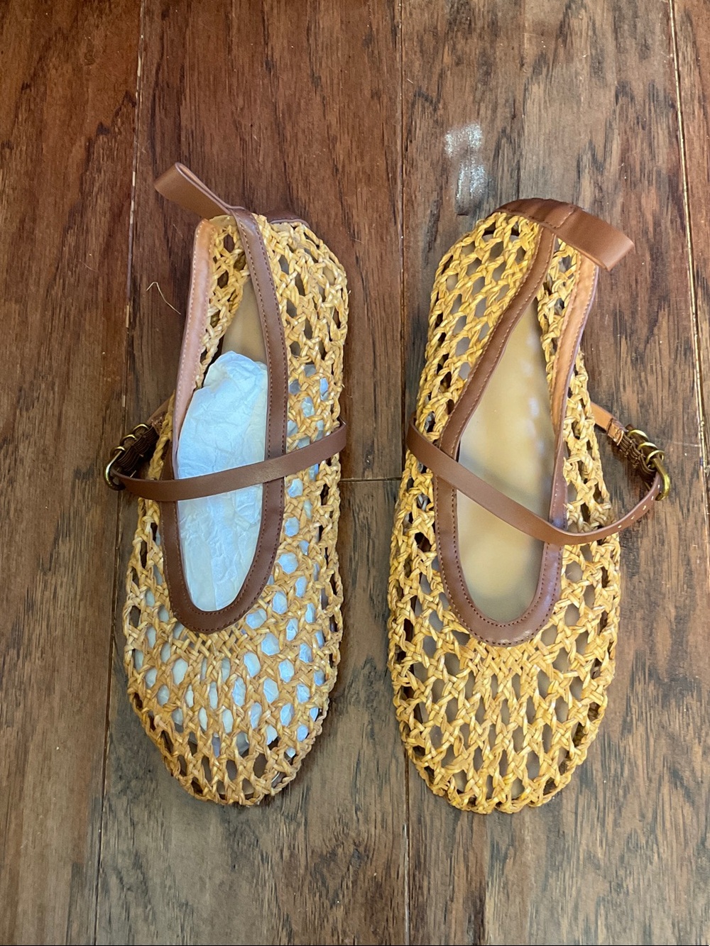Woven Straw Mary Jane Flats in Yellow with Brown Trim
